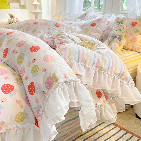 Sonicelife Princess Style Bedding Set Cute Korean Ruffles Single Double Queen Size Duvet Cover Sheet Pillowcase Girls Bedspread