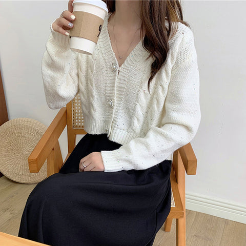Sonicelife Chic Pearl Buttons Cardigan Women Sweet Long Sleeve Cropped Elegant Knitted Sweaters Coat Korean Long Sleeve White Cardigan