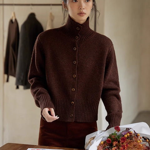 Sonicelife Retro Coffee Cardigan Sweaters Women Long Sleeve Casual Korean Knitted Coat Harajuku Vintage Female Stand Collar Tops New