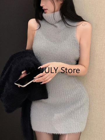 Sonicelife 2025 Autumn Elegant Knitted Suit Woman Black Sweater Tops Slim Bodycon Sleeveless Dress Casual Y2k Mini Dress Korean Fashion Set