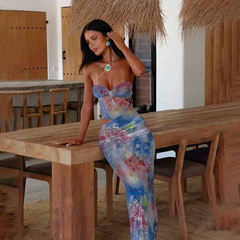 Sonicelife Vintage Print Waist Cut Out Women's Dress Summer Off Shoulder Backless Strapless Bodycon Vestidos Lady Holiday Beach Party Gowns