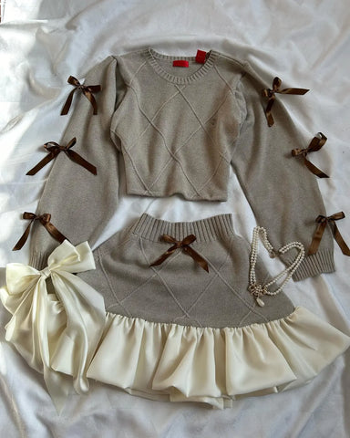 Sonicelife Y2K Knitted Splicing Short Skirt Two Piece Set Women Knitted Long Sleeved Sweater Cute Bow Mini Pleated Skirt Autumn Winter Suit