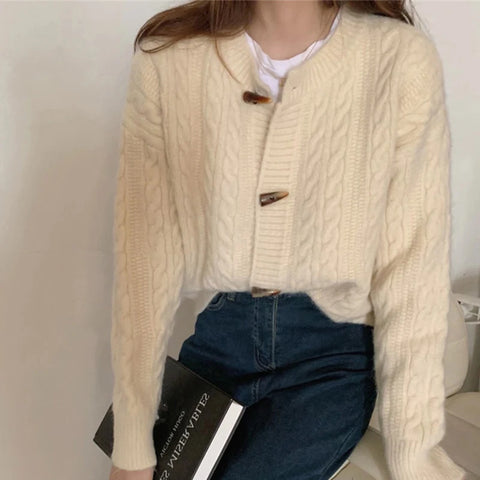 Sonicelife Autumn Winter Women Single-breasted Knitted Cardigan Coat Rib Solid Long Sleeve Loose Jacket Office Outerwear Women