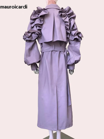 christmas outfit Sonicelife Spring Long Soft Purple Faux Leather Trench Coat for Women with Ruffled Lantern Sleeve Elegant Luxury Chic Overcoat