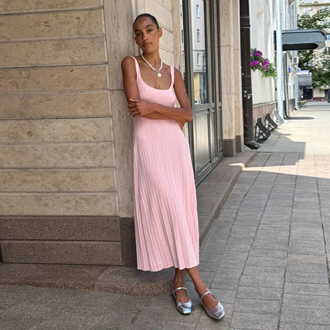 Sonicelife Women Knit Tank Dress Casual Suspender Sleeveless U-Neck Party Long Dresses 2025 Summer Sexy Beach Club Midi Robes Streetwear