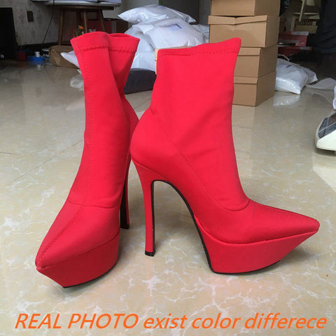 thanksgiving outfit Sonicelife Brand Shoes Stretchy Satin Booties Pointed Toe Platform 4.5cm Thin High Heels 14.5cm Big Size 43 Sexy Lady Boots