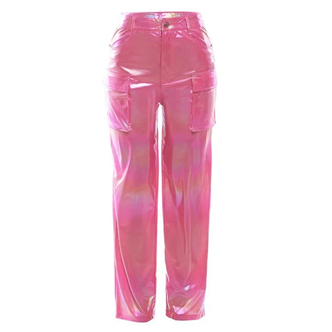 Sonicelife Fashion Cute Women Shiny Mermaid Pink Cargo Pants High Waist Leather Loose Straight Pants Dance Lady Big Pockets Baggy Pants New