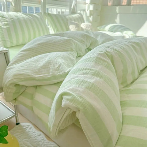 Sonicelife Ins Korean Style Duvet Cover Set Quilt Set Striped Bed Sheet Set For Girls Bedding Set For Bedroom