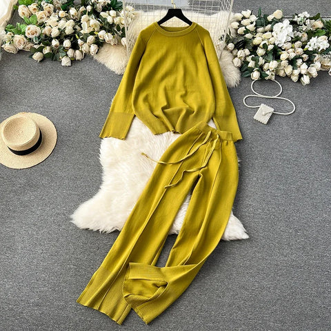 Sonicelife Set Autumn Winter Women Knitted Loose 2 Piece Sets Long Sleeve O-Neck Sweater and Wide Leg Pants Outfit Casual Office