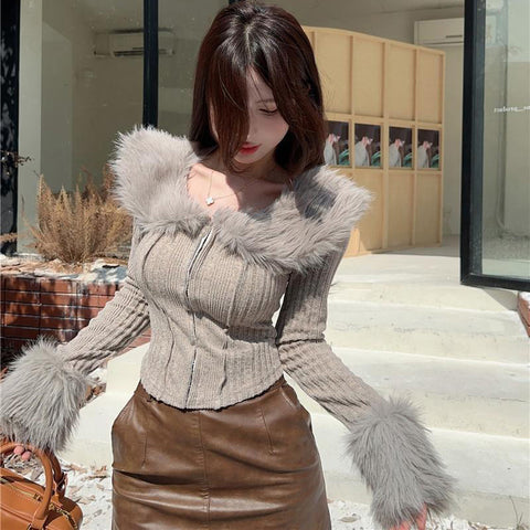 Black Friday Sonicelife Hair Collar Knitted Cardigan Women Solid Elegant Simple Fluffy Spring Fall Sweater Skinny Chic Sexy Cropped Lady Tops