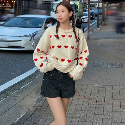 christmas outfit Sonicelife Korean style fashionable love jacquard sweater for women 2025 autumn and winter new style lazy style loose long-sleeved pullover