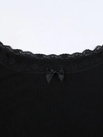 Sonicelife-Off Shoulder Lace Splice Bow Decor Long Sleeve Tee