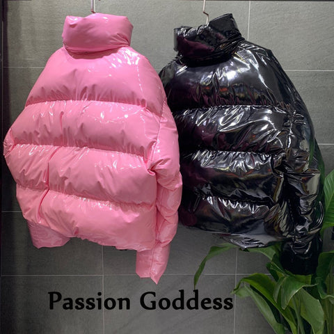 Sonicelife Winter Women Bright PU Pink Puffer Jacket Thick Bubble Coat Zipper Glossy Leather Down Parka Outerwear Stand Collar Loose Jacket