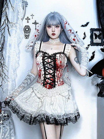 Sonicelife Halloween Dark Gothic Camis Women Streetwear Sexy Cyber Punk Y2k Grunge Blood Red Printed Lace Patchwork Crop Tank Tops