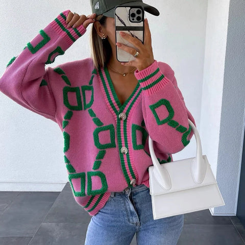 Sonicelife Women V-neck Knitted Cardigan Sweater Letter Printed Long Sleeve Loose Buttons Sweater Coat For Women 2024 Autumn Winter