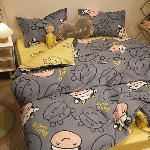 Sonicelife INS Blue And White Cow Stripe Cartoon Bedding Set Cute Animal Quilt Cover Soft High Quality Polyester Sheet Bedroom Decor