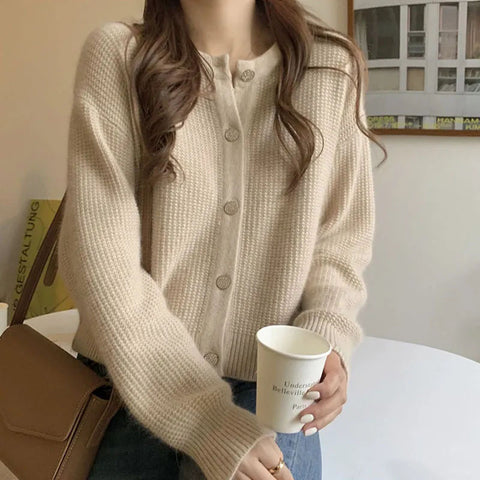 Sonicelife Korean Sweet Cardigan Women Long Sleeve Fashion Elegant Knitted Tops Casual O Neck Single Breasted Female Casual Cardigan