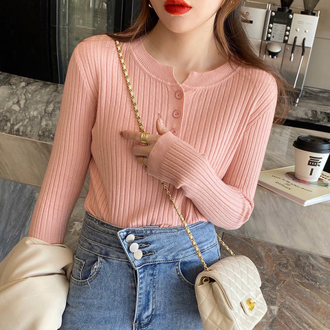 Black Friday Sonicelife Autumn Winter Sweater Women Korean Slim Button Solid Knitted Long Sleeve Pullover Fashsion Elegant Bottom Basic Female Jumpers