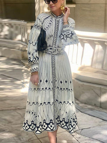 Sonicelife 3D Geometric Print Bohemian Dresses for Women Stand Striped Lantern Sleeve with Sashes Wave Cut Female Elegant Long Dress Autumn