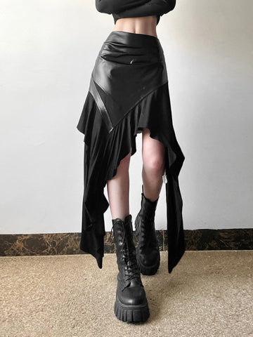 Sonicelife Harajuku Cyber Punk Skirt Women Dark Academia Gothic Streetwear New Fashion Y2k Irregular Pu Patchwork High Waist Skirt