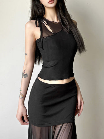 Sonicelife Dark Academia Gothic Sexy Mesh Vest Women Streetwear See Through Hollow Out Patchwork Crop Tank Top Y2k Emo Alt Outfits