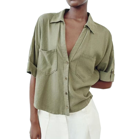 Sonicelife Striped Shirt with V-neck for Women Linen Blend Pocket Decoration for Commuting Style Casual Versatile Single Breasted Top New