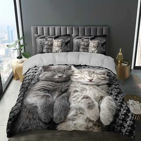 Sonicelife 3pcs Cat Animal Duvet Cover Set 3D Cute Pet Cat HD Printing Bedding For Home Dorm