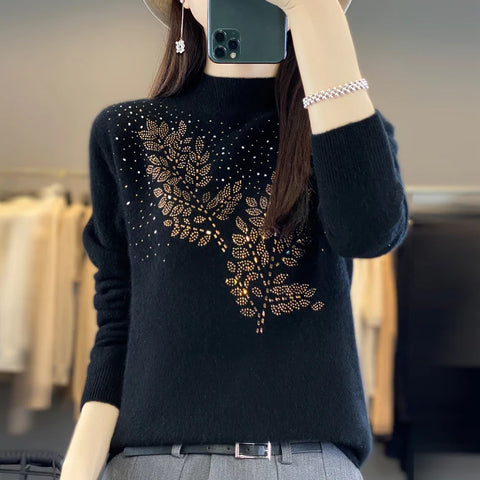 christmas outfit Sonicelife Women Autumn Winter Pure Wool Thickening Sweater Half-high Collar Leaf Studded with Diamonds Pullover Female Knitted Basis Top