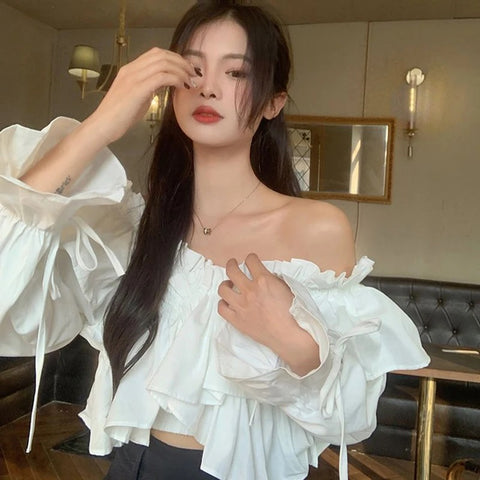 Sonicelife Sexy Off Shoulder Sweet Blouse Women Korean Fashion Ruffles Elegant Cropped Shirt Fall Lace Up Design Lady Chic White Tops