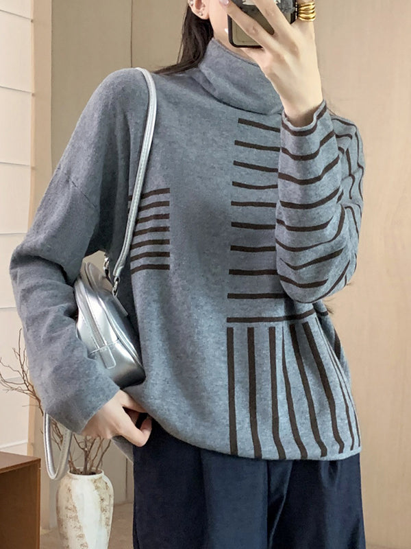 christmas outfit Sonicelife Long Sleeves Loose Contrast Color Striped High Neck Pullovers Sweater Tops