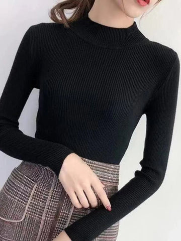 Sonicelife Mock Neck Women Sweater Vintage Basic Solid Knitted Tops Casual Slim Pullover Autumn Winter Korean Tops Simple Chic Jumpers