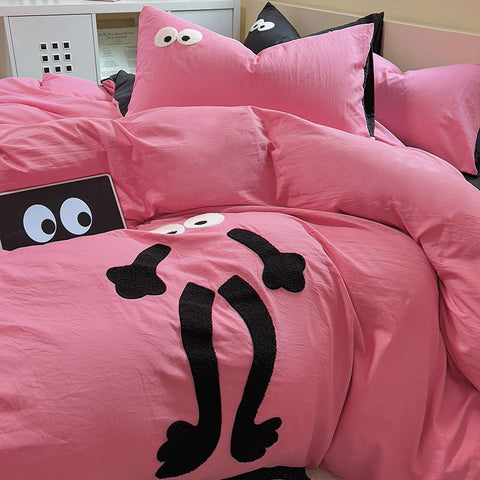 Sonicelife Pink Big Eye Embroidery Bedding Sets Ins Korean Style Washing Cotton Cute Duvet Cover Bed Sheet Set Pillowcases 3/4pcs