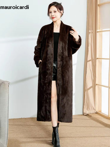 christmas outfit Sonicelife Spring Winter Long Brown Elegant Luxury Warm Thick Fluffy Faux Mink Fur Coat Women with Deep V Neck Furry Overcoat