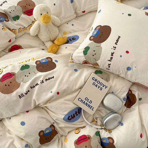 Sonicelife Ins Korean Cartoon Little Bear Cute Bedding Set Autumn Winter Polyester Bed Sheet Pillowcase Twin Full Queen Size Quilt Cover