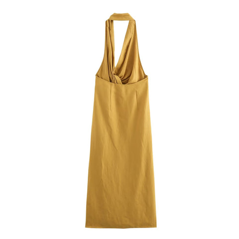 Sonicelife Women's Halter Neck Dress with exposed Back Fashionable and Sexy Pleated knot Decoration Versatile Commuting Temperament New