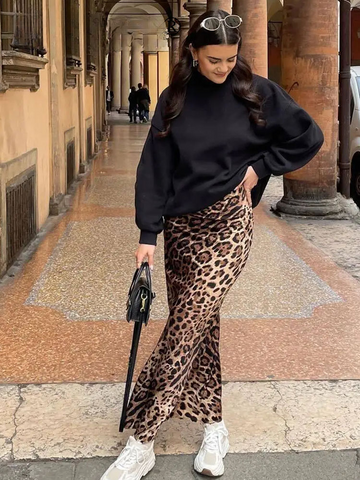 Sonicelife 2024 Women Fashion Leopard Print Skirt Vintage High Waist Midi Skirts Elegant Women Summer Casual Streetwear Skirt