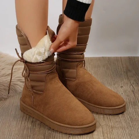 Sonicelife 2025 Platform Mid-calf Boots Womens Winter Warm Plush Suede Snow Boots Waterproof Designer Flats Lace Up  Cotton Shoe Boots