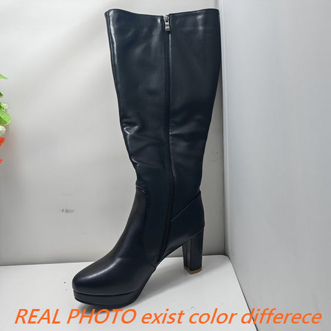 thanksgiving outfit Sonicelife Sexy Female Long Boots Patent Leather Round Toe Block High Heel 11.5cm Platform 4.5cm Big Size 50 Dating Booty