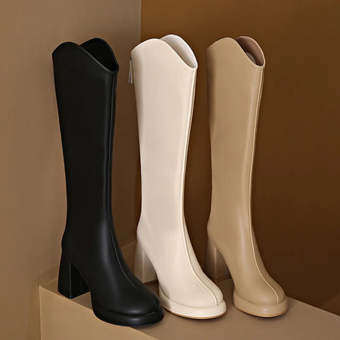 Sonicelife Women Knee High Boots 3cm Platform 8cm High Heels Square Mid Heels White Boots Lady Fetish Stripper Booties Leather Zipper Shoes