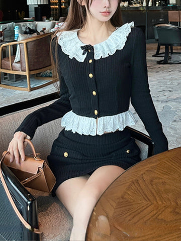 Sonicelife 2025 Autumn Vintage Black 2 Piece Set Skirt Casual Sweater Tops + Sexy Bodycon Mini Skirt Korean Fashion Knitted Suit Woman Slim