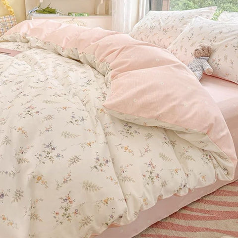 Sonicelife Floral Bedding Set Skin Friendly Nordic Style Duvet Cover With Pillowcases INS Flat Bed Sheet Soft Polyester Comforter Sets
