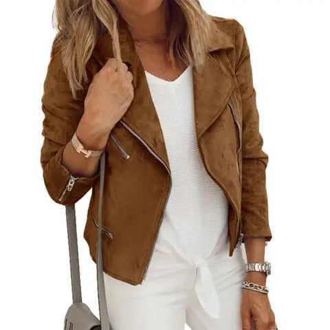 christmas outfit Sonicelife Office Lady Suede Leather Solid Color Jacket Long Sleeve Lapel Zipper Closure Blazer Slim Fits Short Cardigan Coat Outerwear