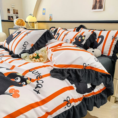 Sonicelife Ink Style A-class Skin Friendly Washed Cotton Four Piece Set With Lotus Leaf Lace Bedding, Bedsheet, Duvet Cover, Single Bed