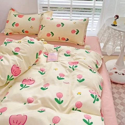 Sonicelife 2024 New Kawaii Duvet Cover Flat Sheet Pillowcases Kit No Filling Twin Single Queen Size Kids Adult Bedding Set Ins Style