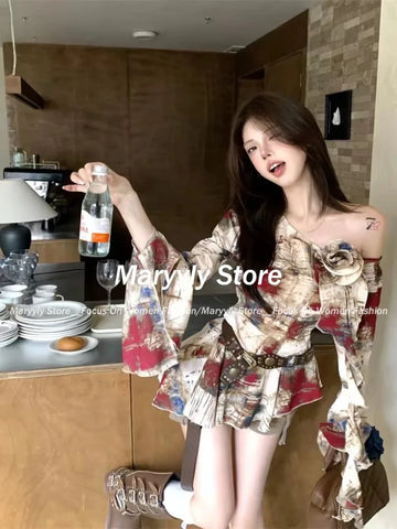 Sonicelife Autumn Vintage Aesthetic Outfits 2 Piece Set Women American Retro Design Y2k Print Tops + Hot Girls High Waist Shorts 2025 New