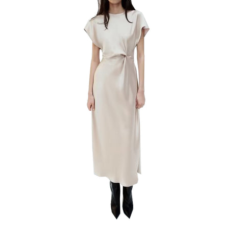 Sonicelife Women's Pleated Round Neck Sleeveless Silk Dress, Satin Texture, Minimalist Temperament, New