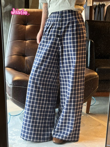 Sonicelife Navy Blue Plaid Fashion Wide Leg Pant Single Breasted Versatile Streetwear Women Trouser Spring Summer Retro Y2K Female Bottoms