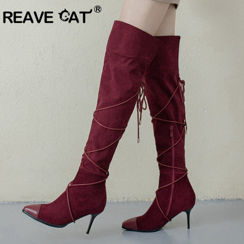 thanksgiving outfit Sonicelife REAVECAT Motorcycle Boots Pointed toe Thin heels Flock Cross-tied Big size 34-48 Club Party A3104