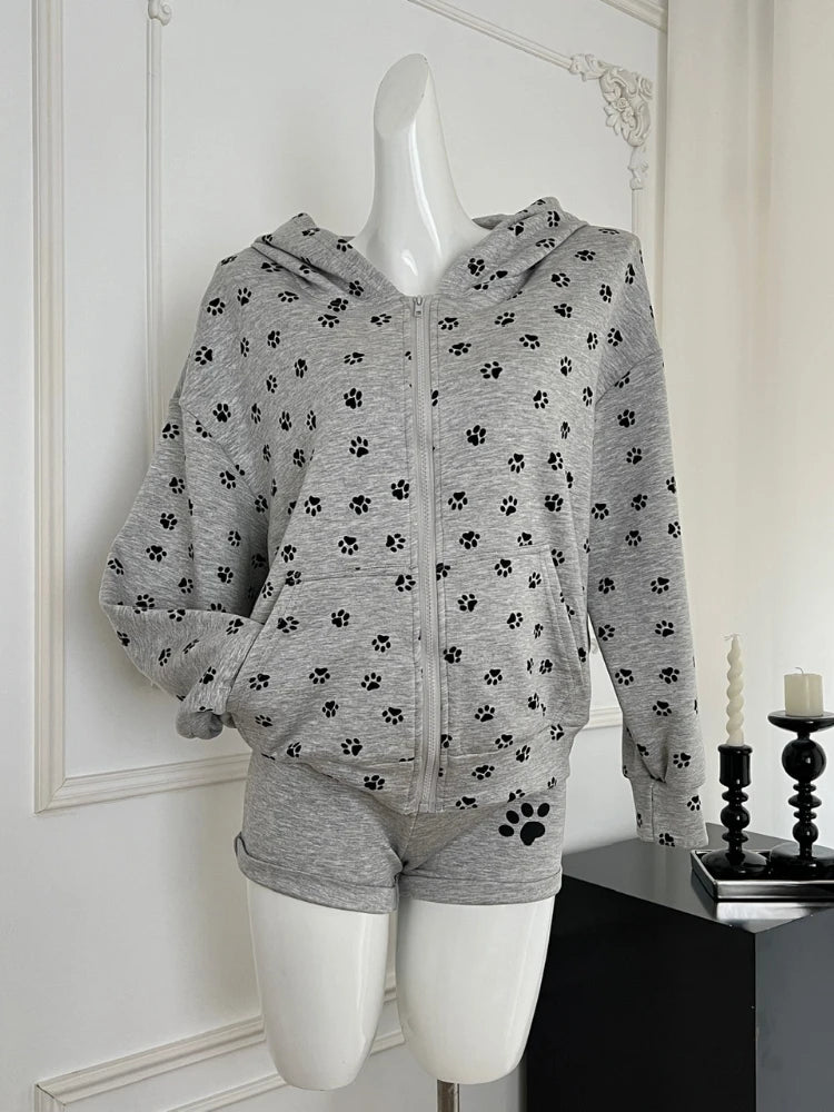 Sonicelife Japanese Kawaii Print Outfits 2 Piece Set Woemn Casual Zipper Hooded Coat + Sexy Spicy Girl Shorts Autumn Sweet Shorts Set New