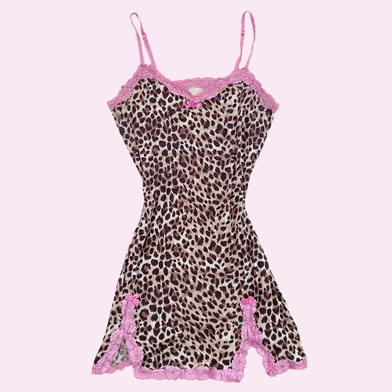 Sonicelife Y2k women dress chic lace leopard print retro fashion casual street punk hip hop emo girls Harajuku sweet V-neck suspender dress